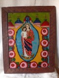 Maica Domnului cu pruncul Iisus Hristos Icoană rom&acirc;nească veche pe sticlă Transilvania