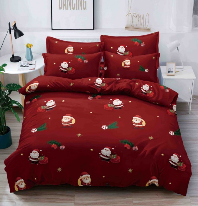 Lenjerie pat de Craciun cu elastic,pat dublu,bumbac finet,6 piese,visinie cu Mos Craciun-A924