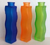 Set 3 vaze spiralate pentru flori de primavara, model retro Ikea, din sticla cu nuante verde, albastru si portocaliu