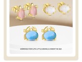 Cercei Stud din Argint 925 Placat cu Aur , Colectia Marine Animals cu Pietre Naturale E i Opal (Broscuta, Rac, PeE tiE or)