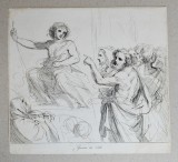 Guercino gravura veche pe hartie manuala, Istorice, Cerneala, Realism