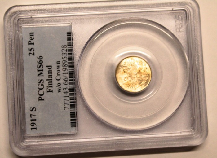 FINLANDA 25 PENNIA 1917-S W/O CROWN MS66 .