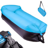 Saltea Auto Gonflabila Lazy Bag tip sezlong, 185 x 70cm, culoare Negru-Albastru, pentru camping, plaja sau piscina