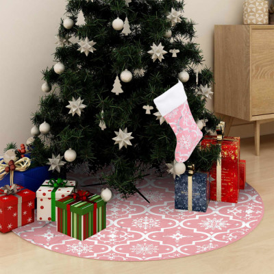 vidaXL Covor fustă de brad Crăciun cu șosetă, roz, 150 cm, țesătură foto
