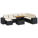 Set mobilier gradina perne 9 piese negru poliratan/lemn acacia