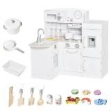 Bucatarie Jucarie HOMCOM din lemn cu 14 Accesorii, Varsta 3+ Ani, 86x64x84.5cm, Alb si Argintiu | Aosom Romania