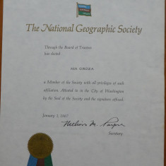 Diploma National Geografic adresata Miei Groza si semnata de Robert Doyle , 1967