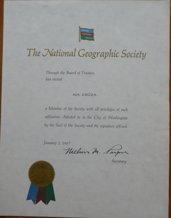 Diploma National Geografic adresata Miei Groza si semnata de Robert Doyle , 1967