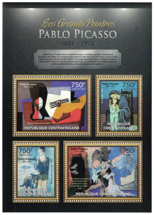 AFRICA CENTRALA 2013 - Picturi, Pablo Picasso /set complet - colita+bloc MNH