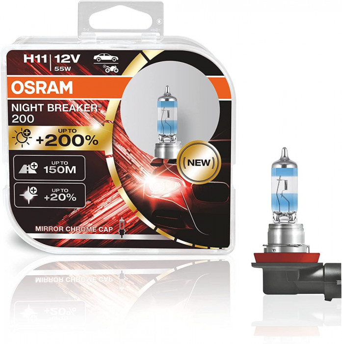 Set 2 becuri halogen H11 12V 55 W Osram Night Breaker +200%