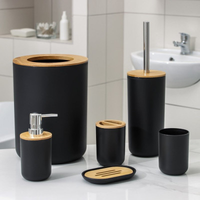 Set Elegant pentru baie format din 6 piese, ABS + lemn, culoare negru maro foto