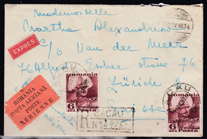 ROMANIA1935/38 REGELE CAROL II +INTELEGEREA BALCANICA/PLIC CIRCULAT BACAU-ZURICH