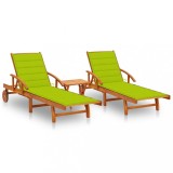 Set 2 Șezlonguri Lemn Acacia vidaXL cu Masă &amp; Perne Verzi, Pliabile, Reglabile, Exterior, 199x67cm