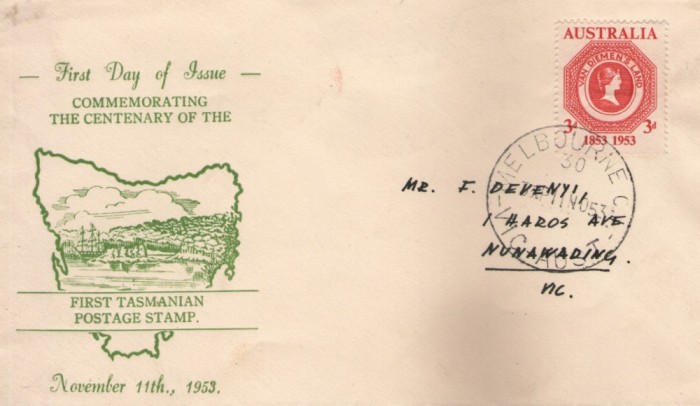 Australia 1953 - 100 de ani de la Timbrele Tasmaniei, FDC circulata