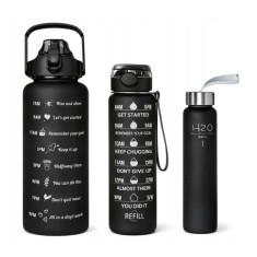 Set 3 sticle de apa, mesaje motivationale, plastic, pai, 2000 ml, 900 ml, 300 ml, fara BPA, negru