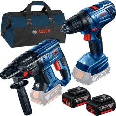 Bosch GBH 180-LI + GSR 180-LI - Rotopercutor SDS-Plus 2 J + Masina de gaurit si insurubat 54 Nm + Set 2 acumulatori si incarcator Li-Ion 18 V 4 Ah + G foto