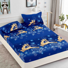 Husa de pat cu elastic de Craciun,albastra cu reni aurii 180x200cm D042