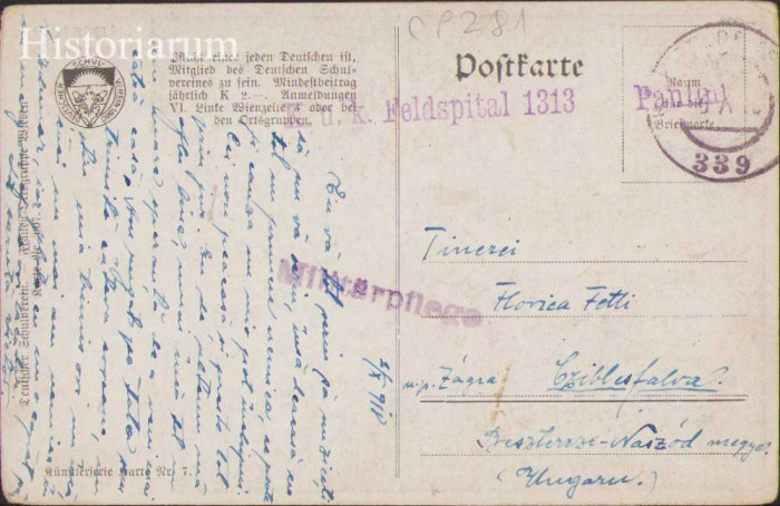 HST CP220 Carte poștală 1918 kuk Feldspital 1313 Feldpost 339 militar rom&acirc;n