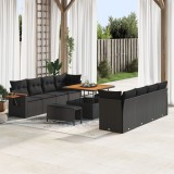 Set canapea gradina Gossi 11 piese cu perne, rattan policarbonat negru, set dining gradina Gossi 3 piese cu perne, rattan policarbonat negru