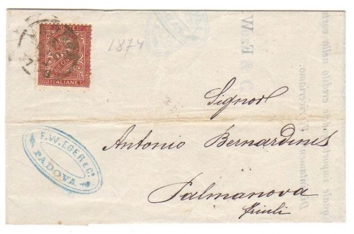 Italy 1870 Postal History Rare, Letter for Palmanova D.078