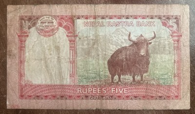 B11 57- Bancnota foarte veche - Nepal - 5 rupii - 2017 foto