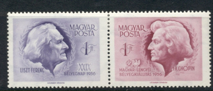 Ungaria, muzica, Liszt, Chopin, 1956, pereche, MNH