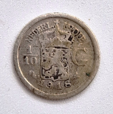 moneda argint _ Indiile Olandeze de Est 1/10 gulden 1918 _ AG . 720 _ km # 311 foto