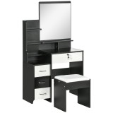 HOMCOM Set de coafare masă de machiaj cu taburet căptușit oglindă mare + mai multe rafturi deschise + 4 sertare alb negru | Aosom Romania