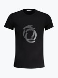 Tricou barbati cu imprimeu cu logo si decolteu la baza gatului, Negru, S