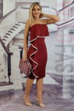 Rochie Midi Burgundy Volanase Bardot Fara Bretelle Eleganta Mulata Poliester Spandex S M
