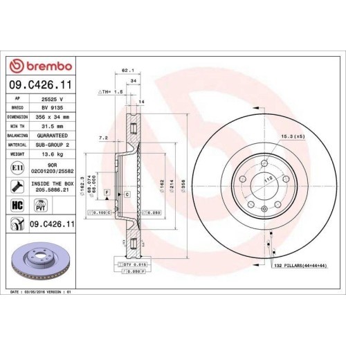 Set disc frana Audi A6 Allroad C7 (4gh 4gj) 01.12-09.18, A6 C7 (4g2 4gc) 11.10-09.18, A6 C7 Avant (4g5 4gd) 05.11-09.18, Fata, 356X34mm, ventilat, BR