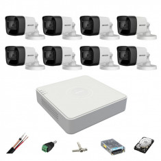 Sistem de supraveghere Hikvision 8 camere exterior 8MP, 4 in 1, IR 30m, DVR 8 canale 4K 8MP, accesorii, hard disk SafetyGuard Surveillance