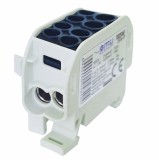 Clema de distributie - derivatie neagra Cu-Al 152A 101A pe sina DIN 1 pol 2 intrari borne (16+25mm &sup2;) si 2 iesiri (16+25mm &sup2;) 1000V AC DC, Omu System