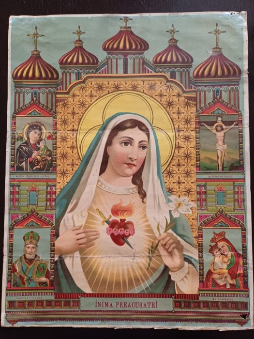 PM418N Inima Preacuratei, litografie rom&acirc;nească religioasă de epocă