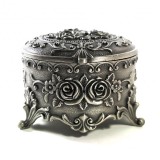 Cutie Bijuterii Antimoniu Argintie Flori Watchbox 8cm | Caseta Decorativa Catifea Neagra