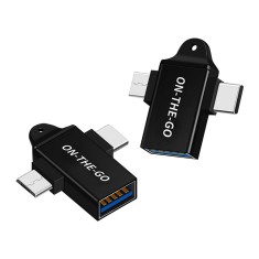 Adaptor OTG 3in1, USB la Micro-USB + Type-C Asteroid GSM A15, negru