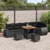 Set canapea grădină vidaXL 9 piese cu perne Negru Poli Ratan Acacia, Set dining grădină vidaXL 3 piese cu perne Negru Poli Ratan Acacia