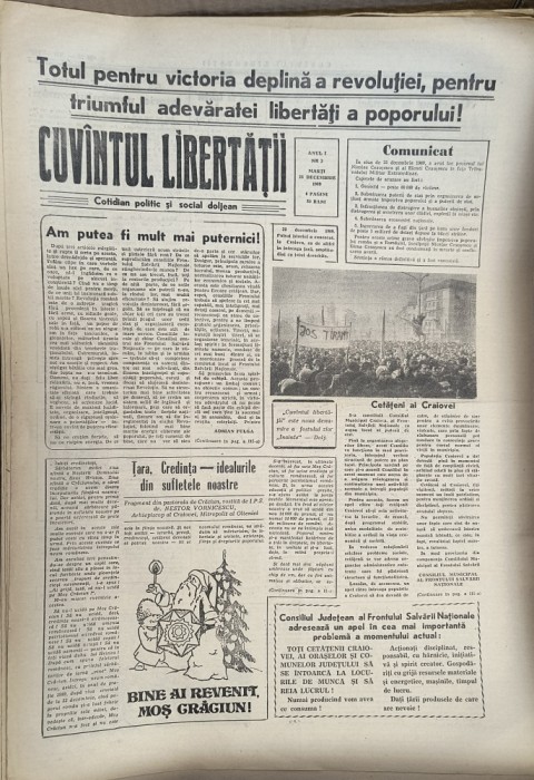 RAR = ZIAR VECHI CUVANTUL LIBERTATII , 26 DECEMBRIE 1989 = COTIDIAN POLITIC SI SOCIAL DOLJAN