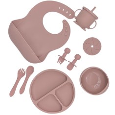 Set 8 piese hranire bebelusi, diversificare, silicon, baveta, farfurie, bol cu ventuza, lingurita si furculita, cana gustari, fara alergeni, peach pin