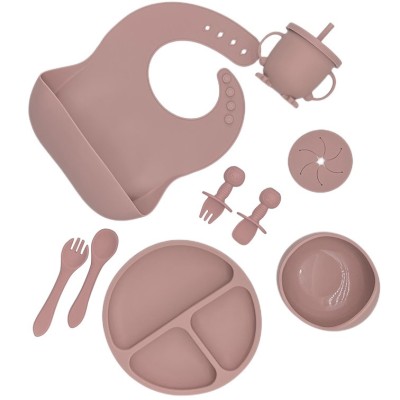 Set 8 piese hranire bebelusi, diversificare, silicon, baveta, farfurie, bol cu ventuza, lingurita si furculita, cana gustari, fara alergeni, peach pin foto