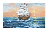 Cumpara ieftin Tablou apus de soare cu velier pictat manual, 100x60cm ulei pe panza Constantin Feraru, gata de agatat pe perete