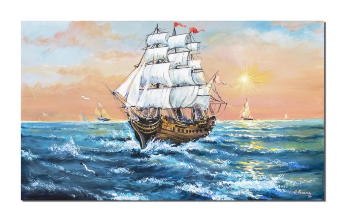 Tablou apus de soare cu velier pictat manual, 100x60cm ulei pe panza Constantin Feraru