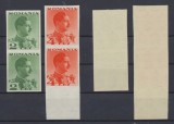 Romania 1934 Carol II uzuale fara inscriptia Posta perechi rarisime nedantelate doua valori nelistate in CMPR 1974, MNH