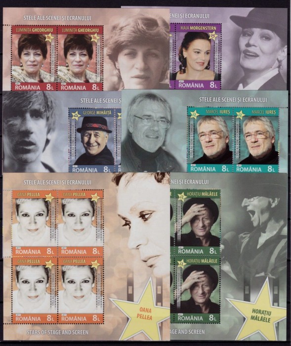 ✅ RO 2017 LP 2175 b &quot;Stele ale scenei si ecranului&quot; , serie in minicoli de 4 marci + manseta ,MNH
