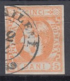 ROMANIA 1869 LP 25 CAROL I CU FAVORITI 5 BANI PORTOCALIU STAMPILAT MIHAILENI