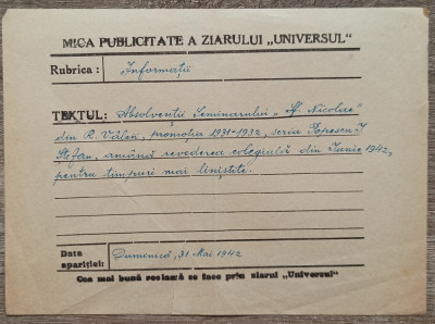 Formular Mica Publicitate a Ziarului Universul 1942 foto