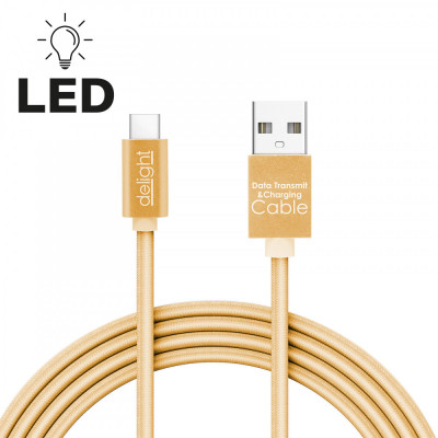 Cablu de date si incarcare USB Type C cu lumina LED auriu 1m Delight foto