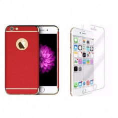Pachet husa si folie protectie pentru iPhone 7+ Rosu bumper crom carcasa antisoc