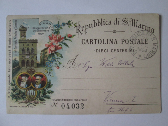Carte poștala litografie ediție limitată Republica San Marino 1894