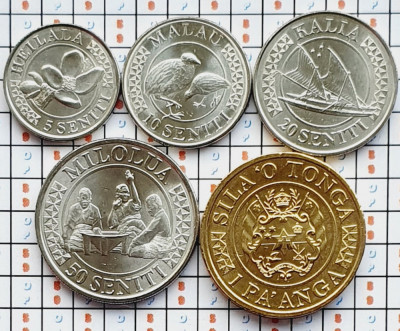 Set 5 monede Tonga Tupou VI 5, 10, 20, 50 senti 1 Pa&amp;#039;anga 2015 UNC - A028 foto